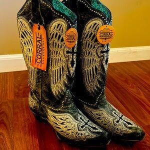 CORRAL WOMEN'S CROSS & WINGS OVERLAY WESTERN BOOTS - SNIP TOE NWT Size 7